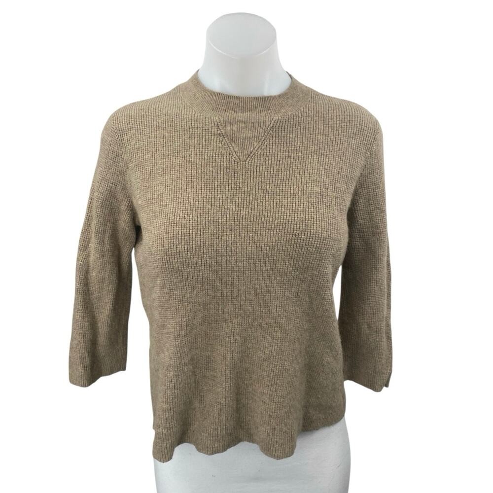Madewell Women's Brown Tan Rib Knit Mock Neck 3/4 Sleeve Sweater Top Size XS